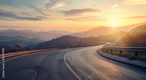 A scenic road winding through the mountains under a beautiful sunset, with a clear sky and distant hills