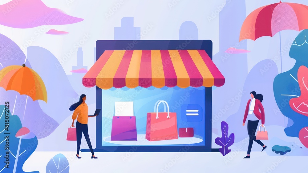 Two people walk by a stylized storefront with bags, large trees, and colorful umbrellas in the backdrop Two people walk by a stylized storefront with bags, large trees, and colorful umbrellas in the backdrop