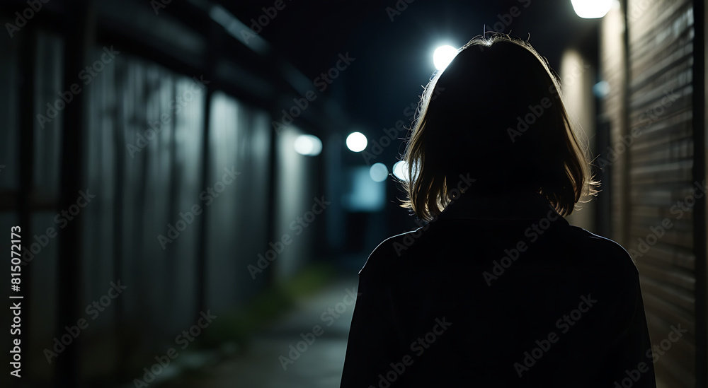Obraz premium Back view shot of Silhouette of a young woman walking home alone at night, scared of stalker and being assaulted, insecurity concept, 