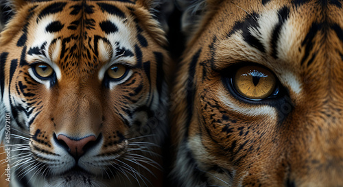 Closeup Portrait of fusional face of half woman and half tiger  animal spirit concept  eyes