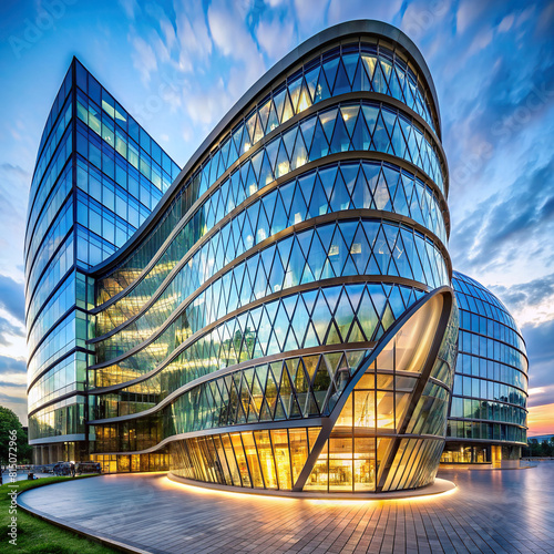 A striking office building featuring curved glass windows and a geometrically inspired structure.  photo