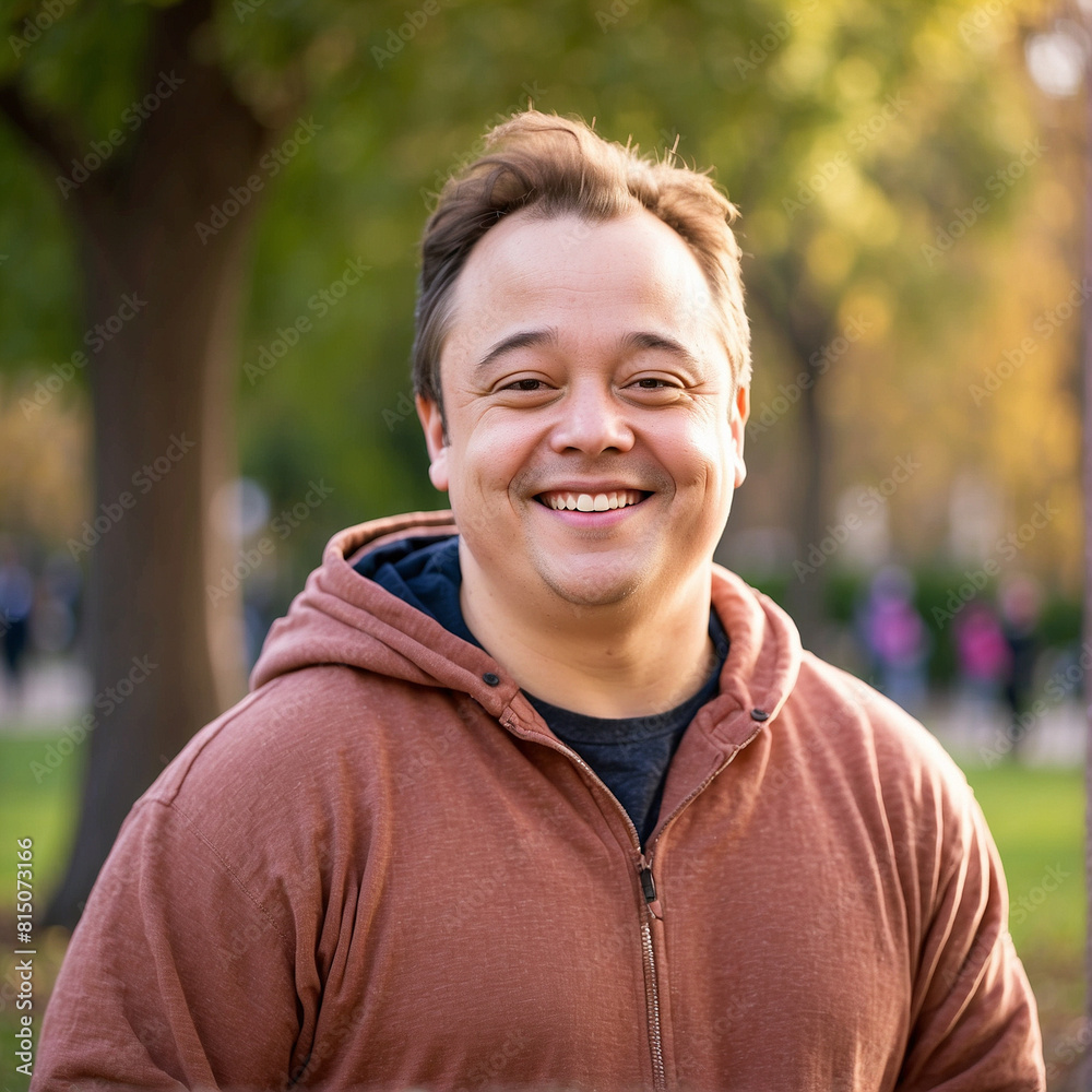 a man smiles for the camera in front of a tree with a blue shirt on. a man smiles for the camera in front of a tree with a blue shirt on.