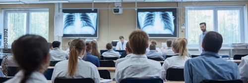 Medical students attentively listen to a lecture in a classroom with chest X-rays displayed on large screens photo