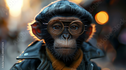 cute monkey wearing glasses and a hat  photo