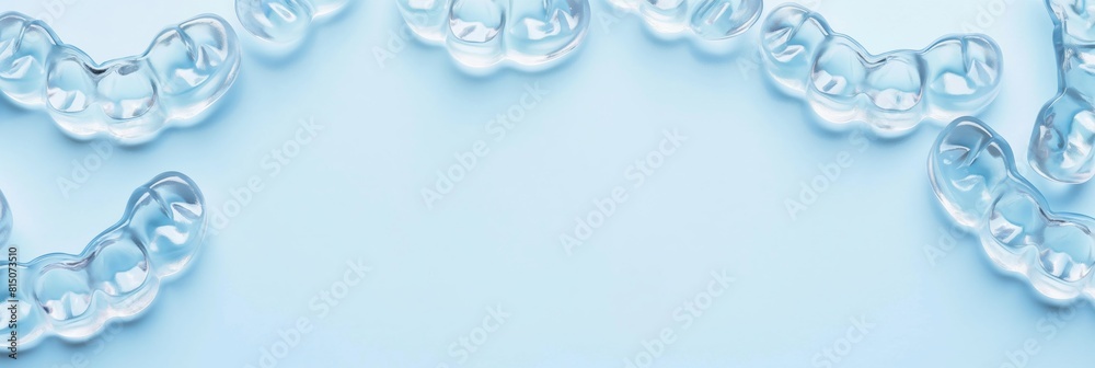 Top view of transparent dental aligners arranged in a pattern on a light blue background, used for orthodontic treatments Top view of transparent dental aligners arranged in a pattern on a light blue background, used for orthodontic treatments