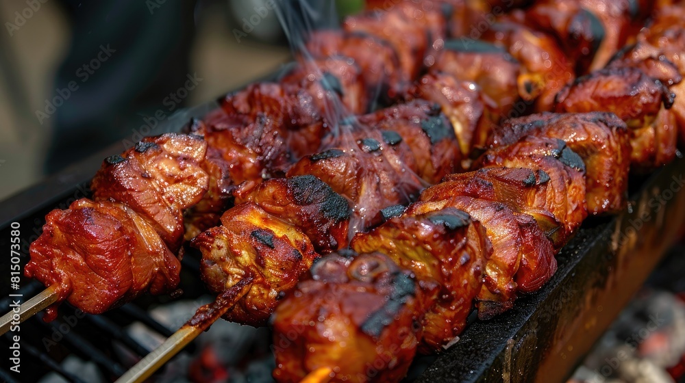 Close up view of smoked skewered large pork pieces Close up view of smoked skewered large pork pieces