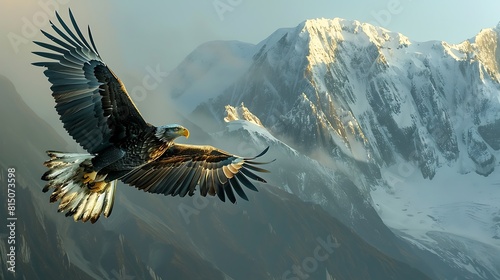 A magnificent bald eagle soaring high above snow-capped mountain peaks.