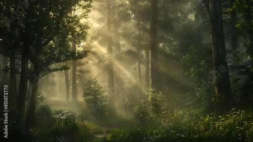 A majestic forest bathed in the soft light of dawn, with mist rising from the forest floor and rays of sunlight filtering through the trees.