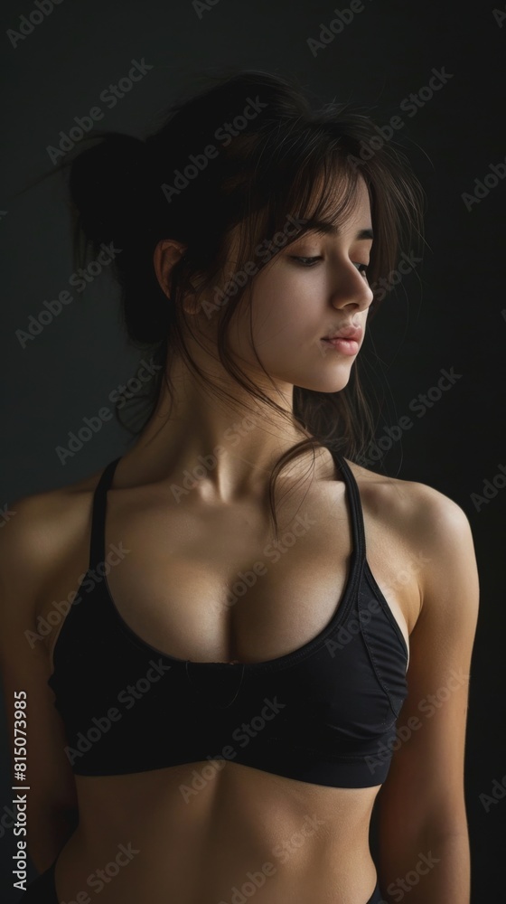 A fit woman in a black bra top posing seductively
