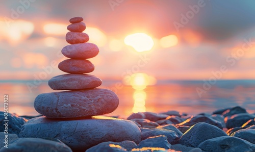  A balanced stack of stones on top of each other with the sun setting in background  representing balance and meditation. 