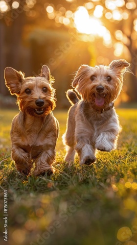 Two Small Dogs Running in a Grassy Field