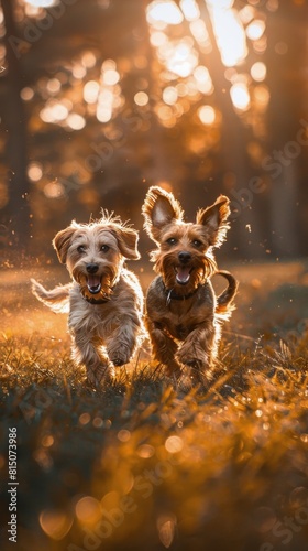 Two Small Dogs Running in a Grassy Field