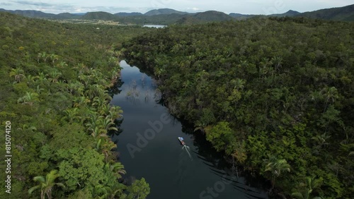 aerial view of boat sailing on Serra da Mesa Lake in Colinas do Sul, Chapada dos Veadeiros, Brazil, photo