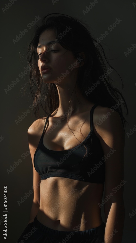 A fit woman showcasing her sculpted physique in a black sports bra in the dark