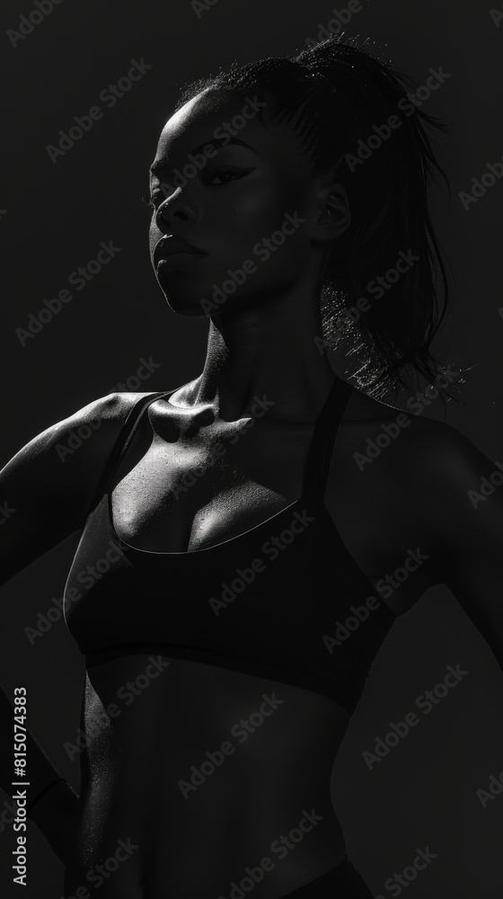 Strong woman showcasing six pack abs in sports bra Strong woman showcasing six pack abs in sports bra