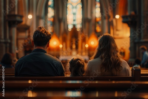 portrait of a family sitting in church, warm lighting inside a beautiful cathedral