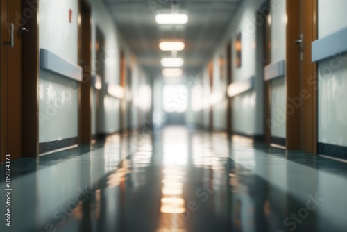 Blurred corridor of clinic. Blurry empty hospital hall. Blur hallway interior of medicine building. Medical emergency background with copyspace