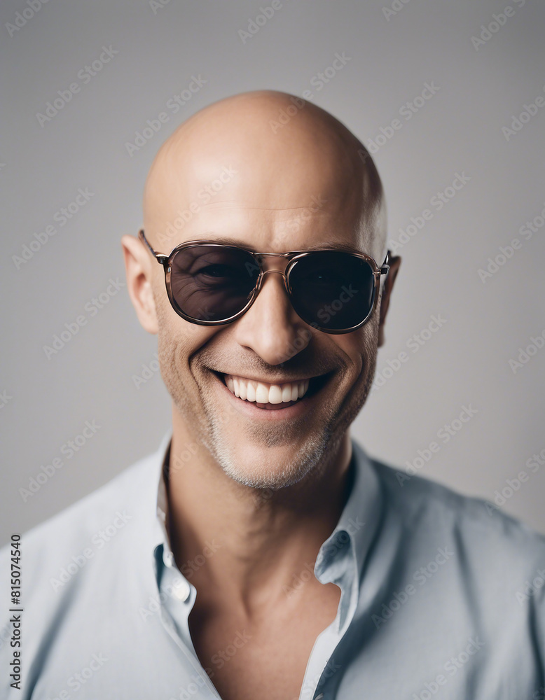 Portrait of a happy bald man smiling and wearing sunglasses at the camera on a white background

