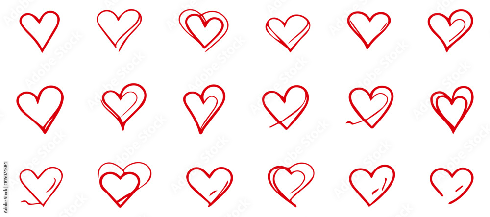Set of red hearts in hand drawn style, vector illustration isolated on transparent or white background. Hearts collection for love and romance design. Set of red hearts in hand drawn style, vector illustration isolated on transparent or white background. Hearts collection for love and romance design.