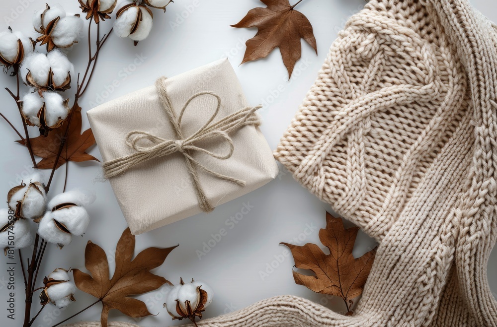 Fototapeta premium Wrapped Present on Table Next to Cotton
