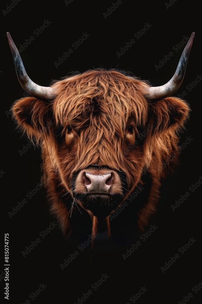 Highland Cow Portrait on Black Background Generative AI