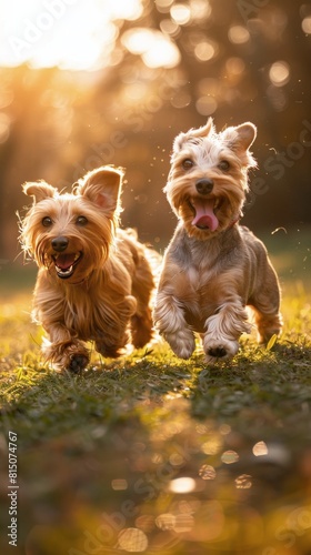 Two Small Dogs Running in a Grassy Field