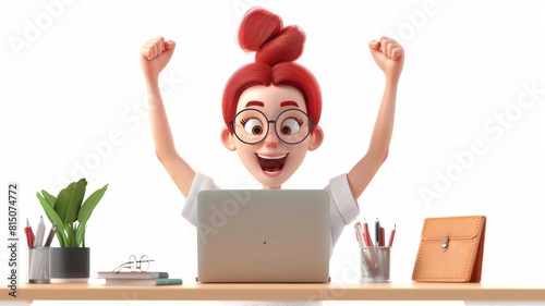 3d excited girl with computer. Online business, young woman character. Attractive female person. Beautiful happy student portrait. Freelancer, developer workplace