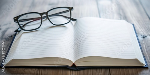 An open blank notebook with a pair of eyeglasses placed on top, set on a wooden background suggesting planning and ideas photo