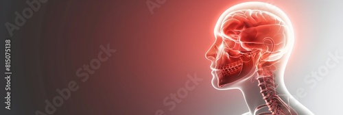 Detailed 3D illustration of a human head showing the brain highlighted in red on a dark background, depicting brain anatomy photo