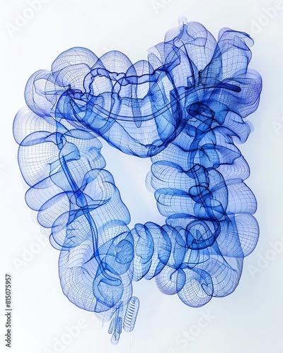 A 3D rendering of the human colon made of blue translucent material. photo