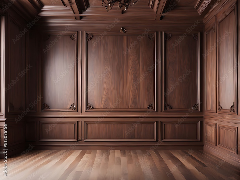Premium style, an empty room with wooden boiserie on the wall featuring walnut wood panels. Wooden wall of an old-styled room design. Premium style, an empty room with wooden boiserie on the wall featuring walnut wood panels. Wooden wall of an old-styled room design.