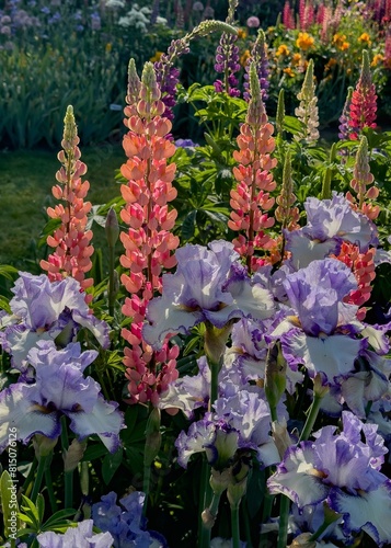 Colorful Iris and lupine blossoms  in a graden in salem, Oregon