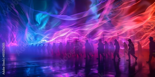 3D visualization of spectral flag bearers in Memorial Day ancestral spirit parade. Concept Memorial Day  Ancestral Spirit  Parade  3D Visualization  Spectral Flag Bearers