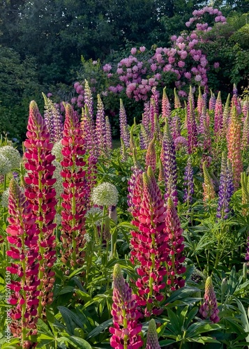 Colorful allium, and lupine blossoms  in a graden in salem, Oregon