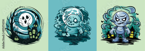 Spooky full moon with ghostly fog vector set, Generative AI