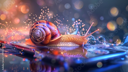 A snail on a smartphone in the garden, showcasing its spiral and how slow the phone are