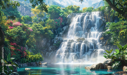 A majestic tropical waterfall cascades into a serene pool surrounded by lush foliage. Generate AI