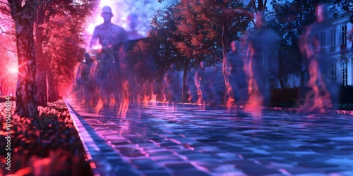 Honoring Fallen Warriors  D Visualization of Memorial Day Parade with Ghostly Spirits. Concept Memorial Day Parade  Fallen Warriors  Ghostly Spirits  3D Visualization  Honoring Sacrifice