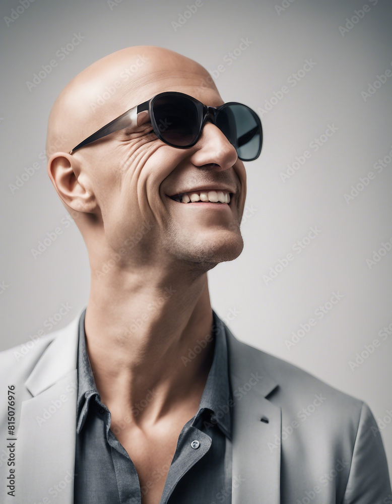 Portrait of a happy bald man smiling and wearing sunglasses at the camera on a white background
Portrait of a happy bald man smiling and wearing sunglasses at the camera on a white background