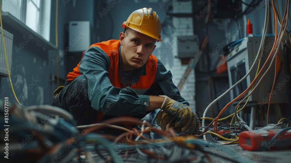 A male electrician in uniform fixes electricity in a house. Electrical appliance repair company, lay electrical wiring in a house. hyper realistic A male electrician in uniform fixes electricity in a house. Electrical appliance repair company, lay electrical wiring in a house. hyper realistic