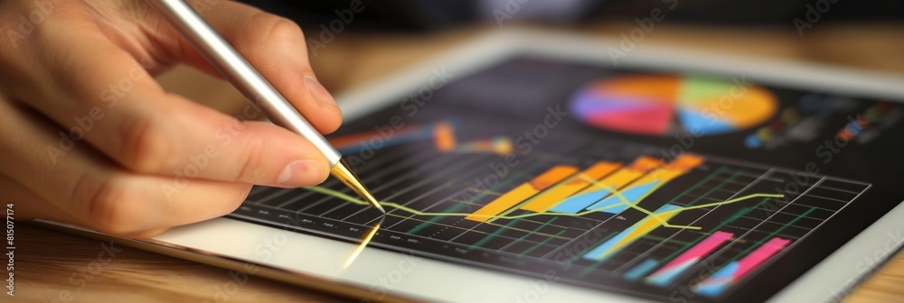 Obraz premium Close-up of a hand holding a stylus over a tablet displaying colorful financial charts and graphs