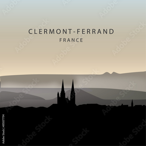 Paysage de Clermont-Ferrand avec la cathédrale. Silhouette de la cathédrale de Clermont-Ferrand. Paysage d'Auvergne. Levé de soleil dans la ville de Clermont. Illustration Clermont-Ferrand Puy de Dôme