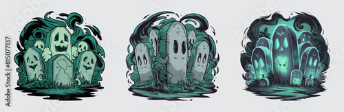 Ghostly gravestones glow in misty shadows vector set
