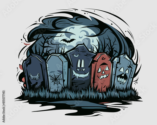 Ghostly gravestones glow in misty shadows vector set