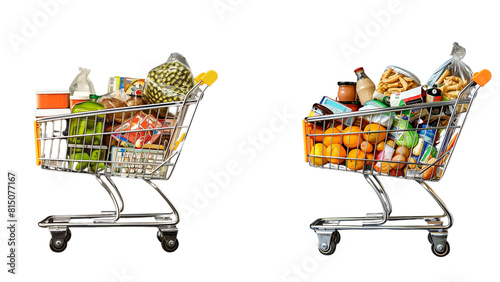 Two Trolley Shopping cart full of fruits and vegetables Groceries shot of a shopping basket isolated on transparent background online shopping concept