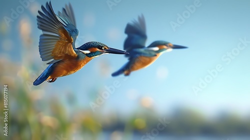 A pair of kingfishers in mid-flight, captured against a backdrop of clear blue sky, showcasing their elegant wingspan and swift movement. © Ahmad