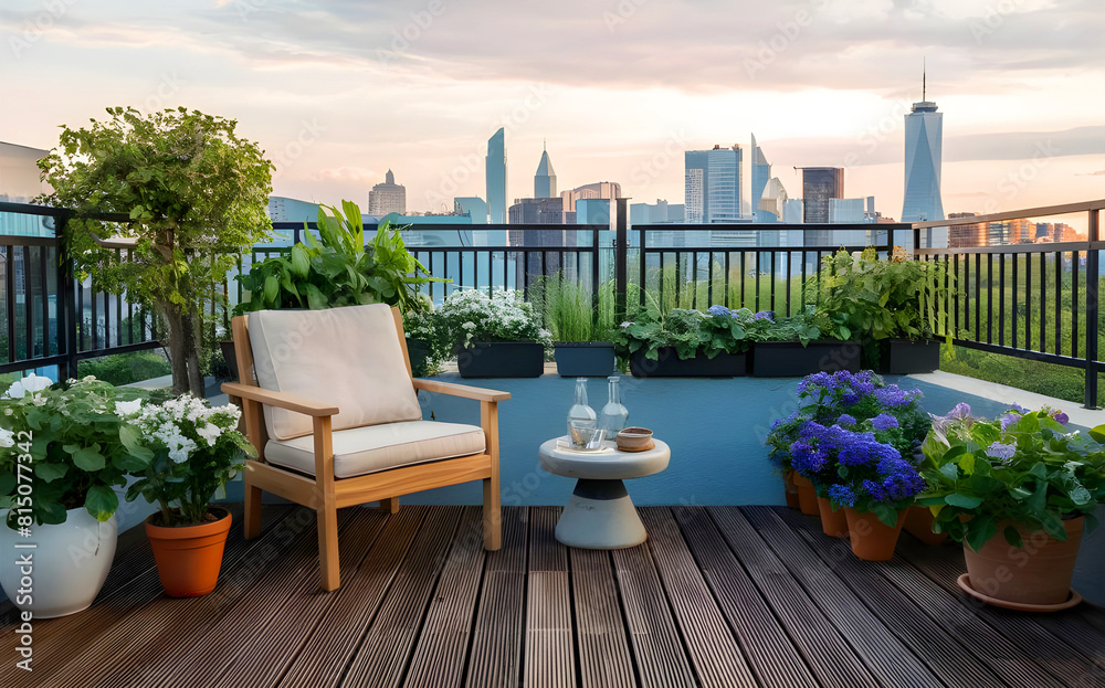Beautiful balcony or terrace with wooden floor, chair, green potted flowers plants. Stylish balcony home terrace with city background