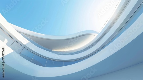 Abstract 3d white architecture interior for design, modern, contemporary, indoor and outdoor, curved wall, blue architecture, with sunny day. hyper realistic 