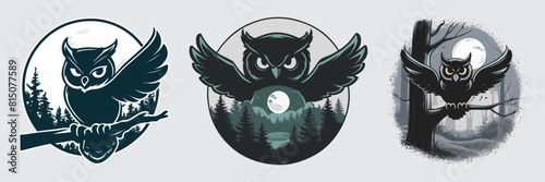 Owl with wide wings watches the forest under a full moon vector, Generative AI