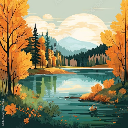 Vector illustration of an autumn landscape, lake at sunset, reflection on the water
